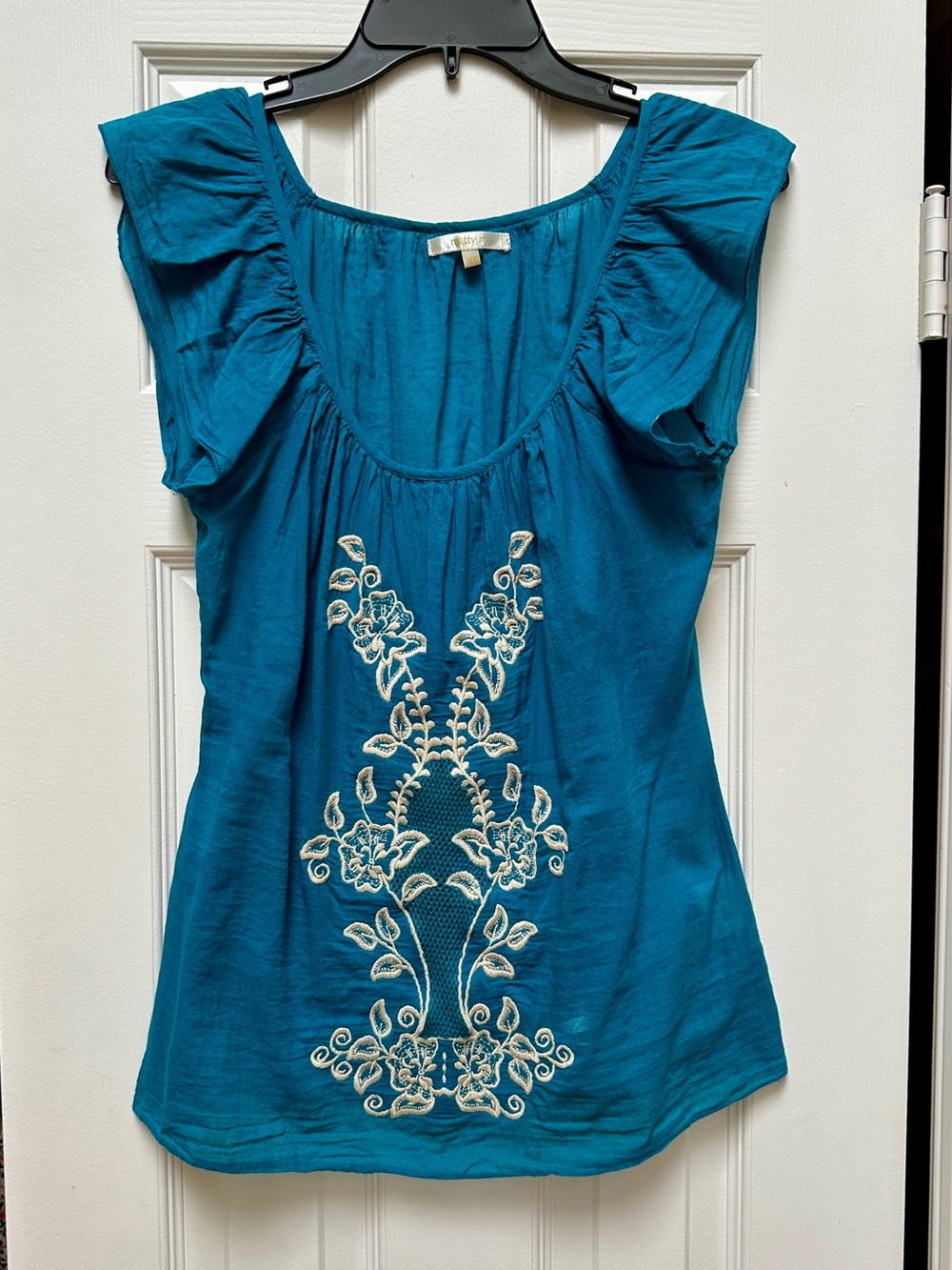 Matty M Teal Embroidered Flutter-Sleeve Tunic - XS